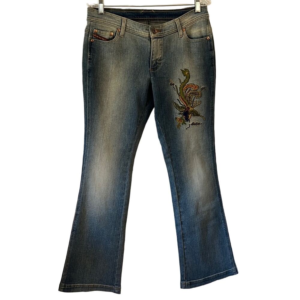 Lee Juniors size 11 Embroidered Flare Jeans Midrise Buttoned Back Pockets Y2K